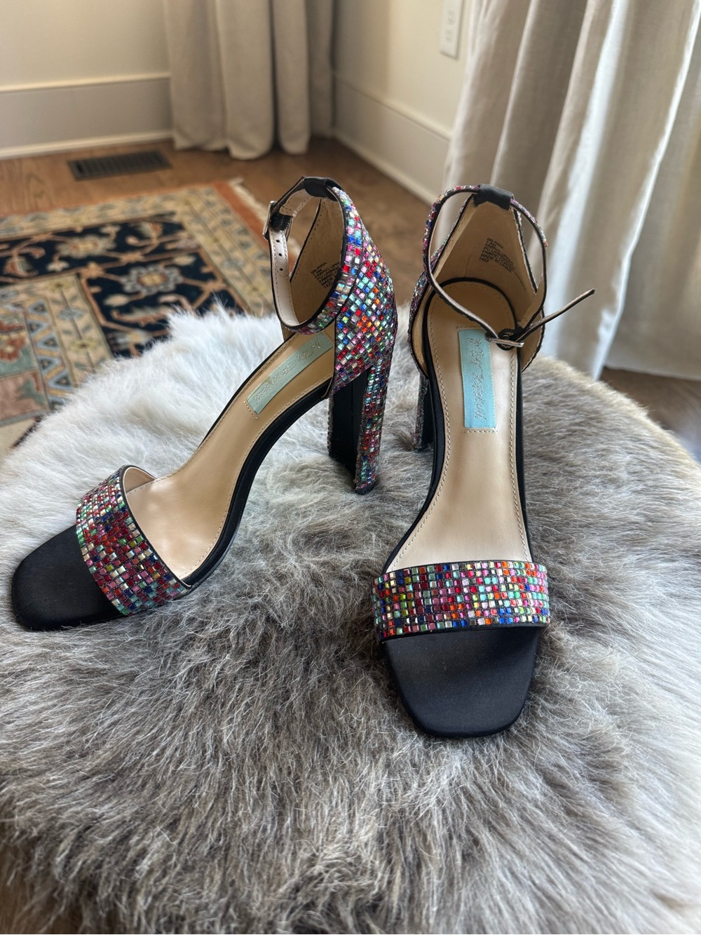 Betsey Johnson size 7.5Multicolor Beaded Ankle-Strap High Heel Sandals